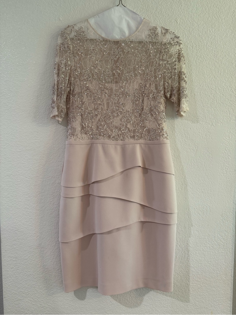 Teri Jon Beaded Lace Bodice Tiered Midi Dress - Blush
